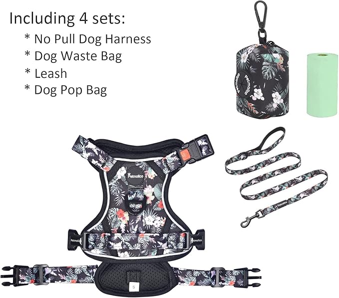 Petmolico No Pull Dog Harness Set with Leash Attachment Easy Control Handle Reflective Harness Vest Small Breed, Puppy Vest and Leash Set with Poop Bag Holder, Small - Rainforest Flower