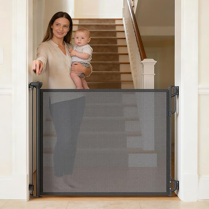 SPACEANY Retractable Safety Baby Gate or Mesh Dog Gate,Durable Portable Mesh Retractable Gate,Easy to Use for Stairs, Doorways, Hallways, Indoor, Outdoor, 33.5" Tall, Up to 45" Wide, Black