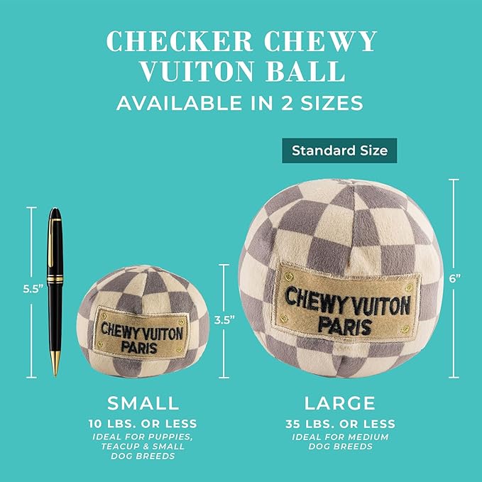 Haute Diggity Dog Chewy Vuiton Ball Plush Squeaky Dog Toy, Soft Durable Designer-Inspired Stuffed Puppy Chew Toys for Small & Medium Dogs, Machine-Washable (Tan Checker) Large
