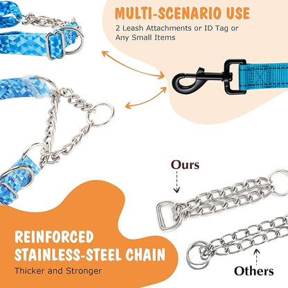 Martingale Dog Collar with Stainless Steel Chain, No Pull Slip Cinch Choker Choke Collar Training Escape Proof Heavy Duty Dog Collar for Medium Large Extra Large Pet Boy Male Dogs, Blue M