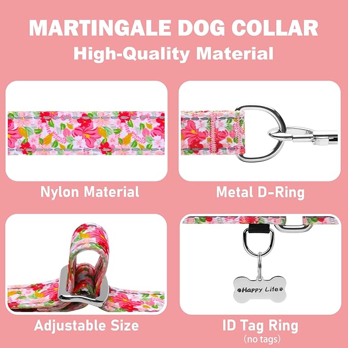 Reflective Martingale Collar for Dogs Nylon Training Collar with No Buckle Cute Floral No Pull Dog Collar for Small Dogs（Pink Flower，S）
