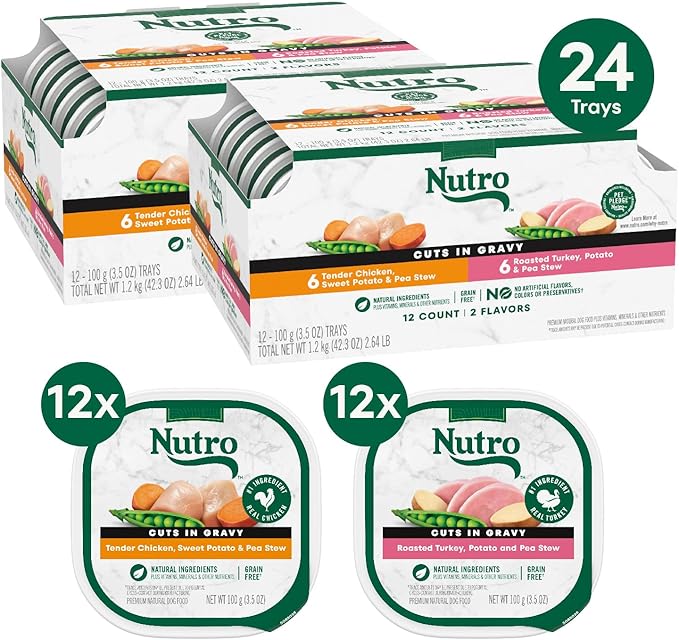 Nutro Natural Choice Cuts in Gravy Wet Dog Food, Grain Free Dog Food Wet Chicken and Turkey Recipes Variety Pack, 3.5 oz. Trays (12 Count, Pack of 2)