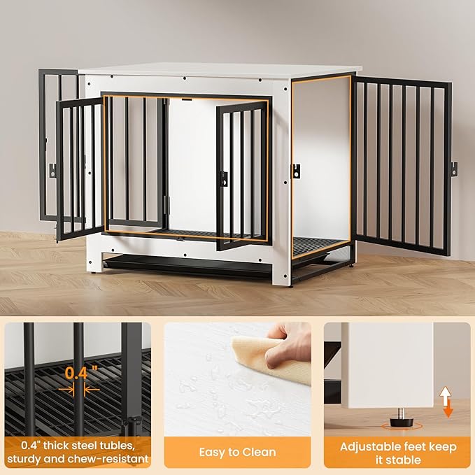 Derfullo Dog Crate Furniture, 29 Inch Indoor Dog Kennel for Small Dogs Up to 30 LBS, Heavy Duty Wooden Pet Cage End Table with 3 Doors, Alloy Steel Frame & Removable Tray