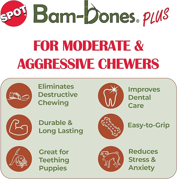 SPOT Bam-Bones Plus T-Bone, Bamboo Fiber & Nylon Dog Chew, Durable for Aggressive Chewers, Non-Splintering, for Adult Dogs & Teething Puppies Under 90lbs, 7in, Chicken Flavor