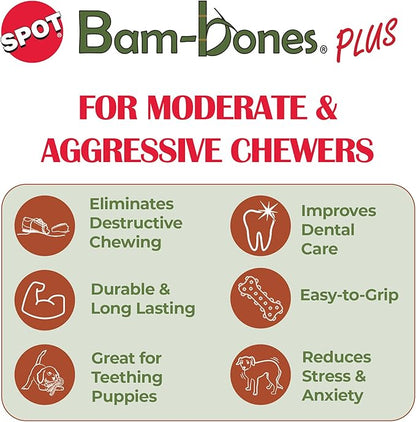 SPOT Bam-Bones Plus Branch -Bamboo Fiber & Nylon, Durable Long Lasting Dog Chew for Aggressive Chewers – Great Toy for Adult Dogs & Teething Puppies Under 60lbs, Non-Splintering, 5.75in, Beef Flavor