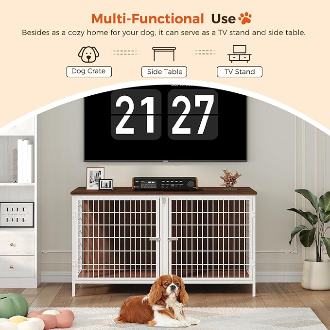 MAHANCRIS Dog Crate Furniture for 2 Dogs, 43.3" Dog Kennel with Removable Divider, Heavy Sturdy Dog Furniture Style Double Cage for Small Medium Dogs, Indoor Pet House End Table, White and Walnut