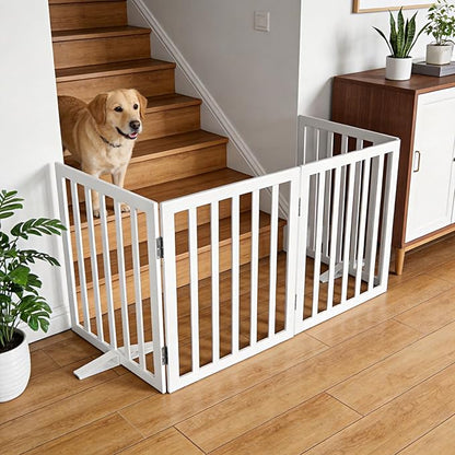 ZJSF Freestanding Indoor Dog Gate for House Foldable Wood White Puppy Gate for Doorways Pet Gate for Stairs Extra Wide Pet Fence 24" Height 3 Panels