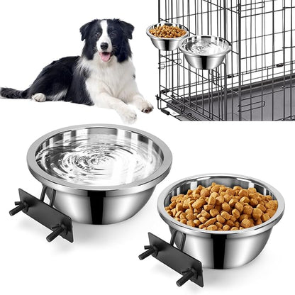 Dog Crate Bowls Hanging No Spill, 2 Pack 47oz & 56oz Crate Water Bowl Stainless Steel Kennel Food Bowl Water Dispenser Set Mountable Cage Accessories Metal Feeder Dish Coop Cup for Large & Medium Pet