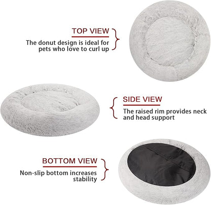 Bedfolks Calming Donut Dog Bed, 36 Inches Round Fluffy Dog Beds for Large Dogs, Anti-Anxiety Plush Dog Bed, Machine Washable Pet Bed (Light Grey, Large)