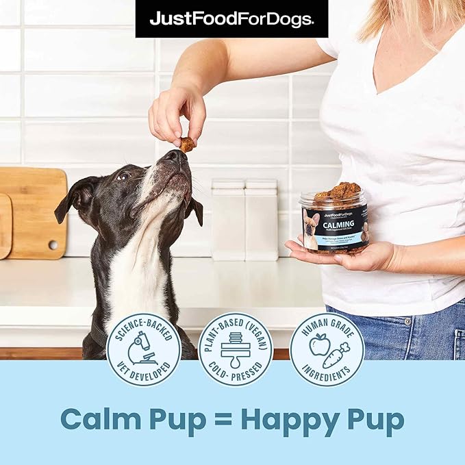 JustFoodForDogs Calming Supplement for Dogs, Human Grade Magnesium and Melatonin Dog Supplements, Promotes Relaxation, Soft Chews, Superfood Blend, Plant Based Dog Vitamins - 45 Count