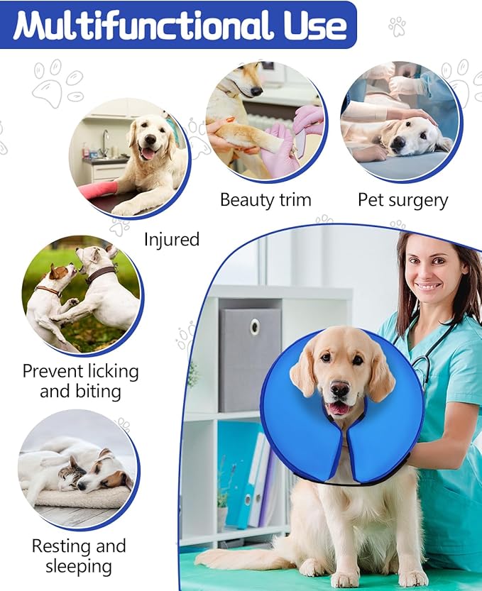MIDOG Soft Inflatable Dog Cone,Donut E-Collar Alternative for After Surgery, Prevents Licking, Allowing Normal Eating & Vision,Comfortable Recovery Collar for Small Medium Large Dogs&Cats, DarkBlue-L+