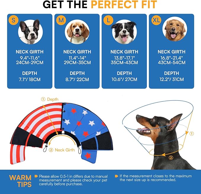 Queenmore Dog Cone, Cone for Dogs to Stop Licking, Dog Cones for Medium Dogs, Adjustable Doggy Recovery Collars & Cones, Elizabethan Collar for Pets After Surgery, USAFlag M