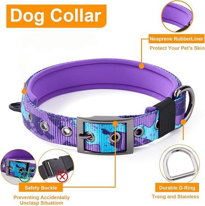 Annchwool No Pull Dog Harness,Heavy Duty Collar & Leash Set-Leash with Double Handle & Car Seatbelt Clip,Easy Control for Walking Training Medium Large Size Dogs(Camo Purple,L)