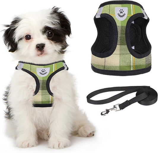 KOOLTAIL Dog Harness and Leash Set for Small Medium Dogs, Step in No Pull Soft Mesh Dog Harness Comfort Padded Pet Vest, Adjustable Reflective Easy Walking Puppy Cats Harness Training, Plaid Green XS