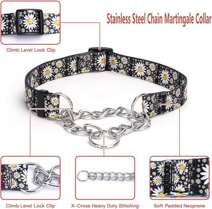 Martingale Dog Collar with Stainless Steel Chain - Limited Chain Cinch Training Collar for No Pull Training Dog - Flower Multicolor Cute Patterns - Premium No Slip Collar (S, Peony Set)