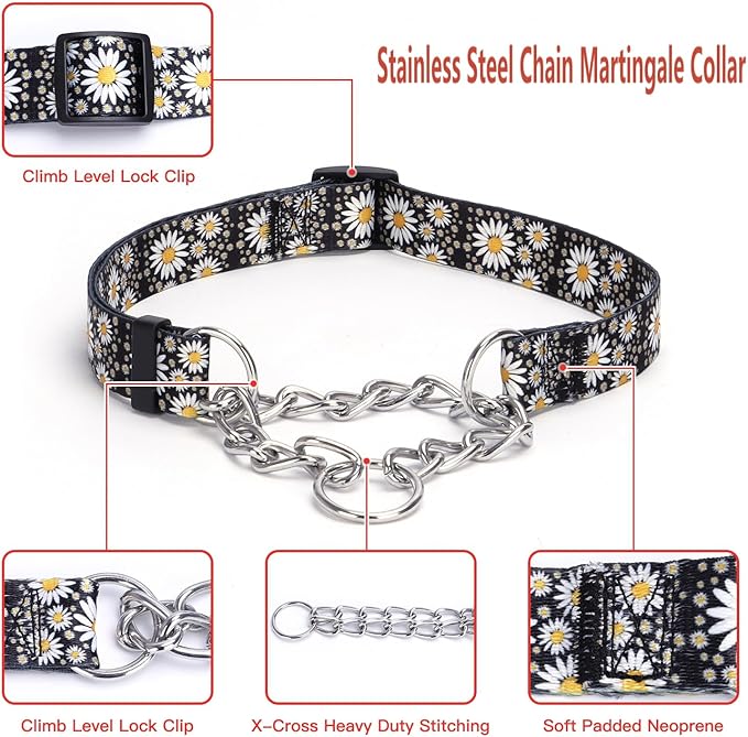 Martingale Dog Collar with Stainless Steel Chain - Limited Chain Cinch Training Collar for No Pull Training Dog - Flower Multicolor Cute Patterns - Premium No Slip Collar (S, Black Set)