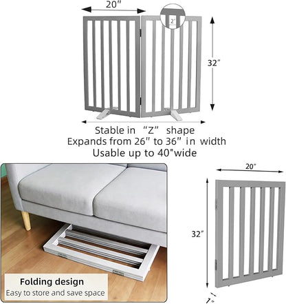 ZJSF Freestanding Indoor Dog Gate for House Foldable Wood Puppy Gate for Doorways Pet Gate for Stairs Extra Wide Pet Fence, Grey, 32" Height 2 Panels