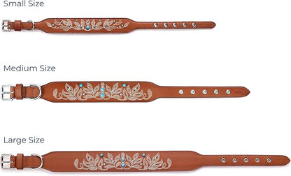 Blueberry Pet Genuine Leather Dog Collar - Western-Inspired Brown Leather Dog Collar for Large Dogs with Floral Embroidery & Turquoise Studs, 18-22 Inch Adjustable & Durable for City Pet Owners