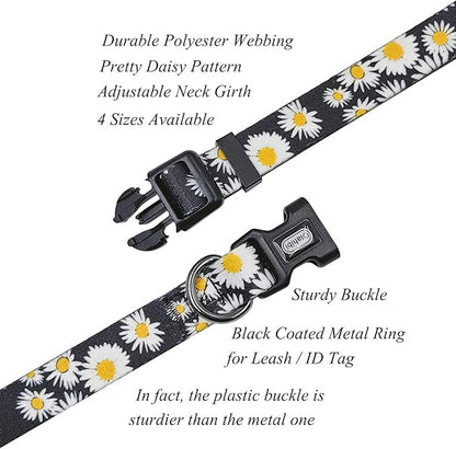 Dog Collar and Leash Set, Cute Daisy Pattern, Polyester Material, 5ft Leash, for Large Dogs.(Large,Black Daisy)