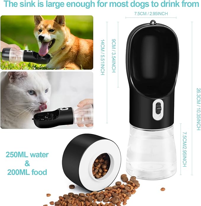 Outdoor Dog Water Bottle Portable - Leak Proof Bottles Dispenser for Dogs On The Go with Food Container Multifunctional Travel Outdoor（Black）