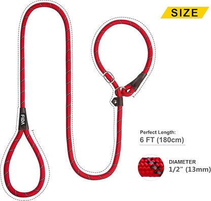 Fida Durable Slip Lead Dog Leash, 6 FT x 1/2" Heavy Duty Comfortable Strong Rope Slip Lead for Large, Medium Dogs, No Pull Pet Training Leash with Highly Reflective, Red