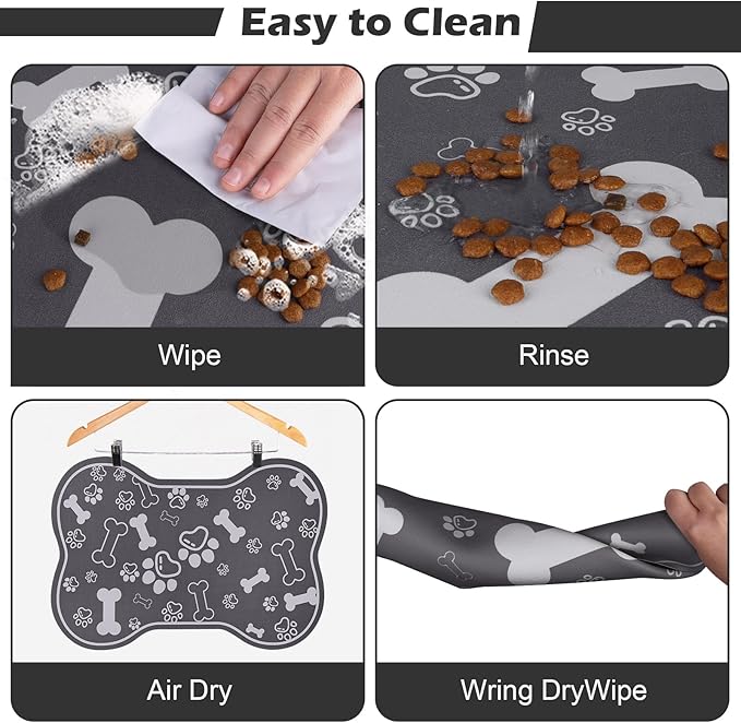 Voanos Dog Cat Food Mat,Rapid AbsorbentPet Feeding Mat, Bone Shaped Dog Placemat Water Bowl Mat with Rubber Backing,No Stains Dog Cat Food Mats Indoor, Pet Accessories Supplies 17""×29"" Dark Grey