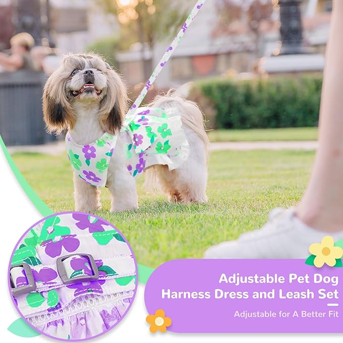 ABRRLO Dog Harness Dress Leash Set for Small Dog Summer Clothes Girl Female Puppy Cats Outfits Cute Floral Bowknot Princess Birthday Dress for Extra Small Pet Doggie Kitten Outfits Apparel(Green,M)