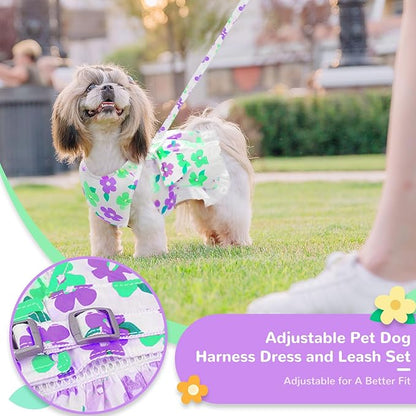 ABRRLO Dog Harness Dress Leash Set for Small Dog Summer Clothes Girl Female Puppy Cats Outfits Cute Floral Bowknot Princess Birthday Dress for Extra Small Pet Doggie Kitten Outfits Apparel(Green,M)
