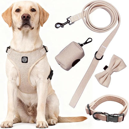 EVERKING 5-Piece Dog Travel Set, Adjustable Harness, Leash, Collar, Poop Bags, Bowtie for Small Medium Dogs, Beige, Breathable No-Pull Design (Beige, S)