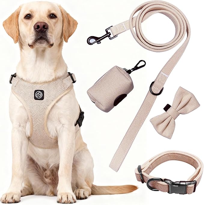 EVERKING 5-Piece Dog Travel Set, Adjustable Harness, Leash, Collar, Poop Bags, Bowtie for Small Medium Dogs, Beige, Breathable No-Pull Design (Beige, M)