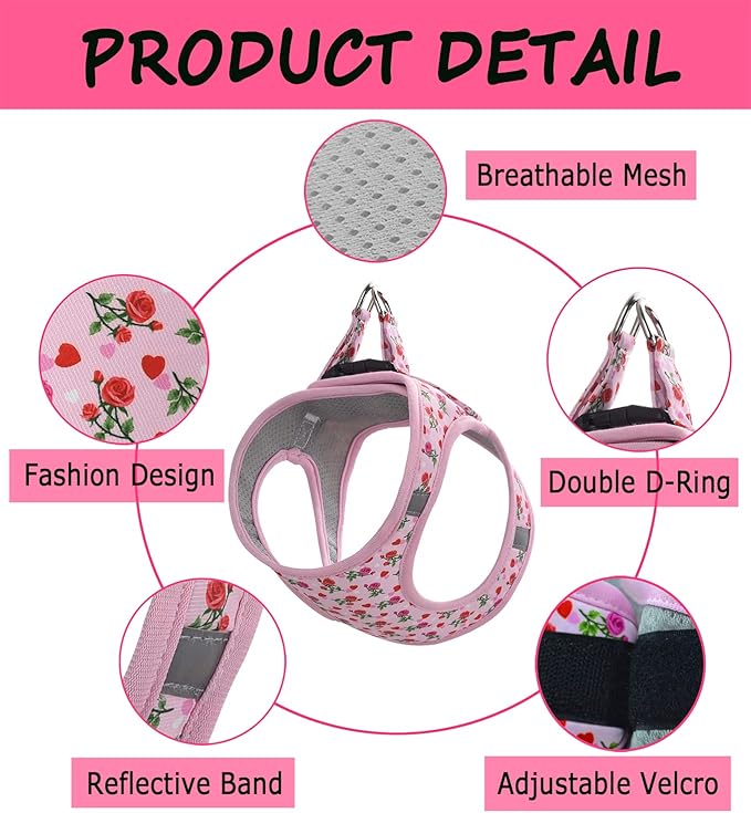 Moonpet Step in Valentine's Day Dog Harness Leash Set- All Weather Reflective No-Pull Floral Pattern Padded Mesh Vest Harness for Cats Puppy Extra-Small Small Medium Large Dogs - Heart Rose - L