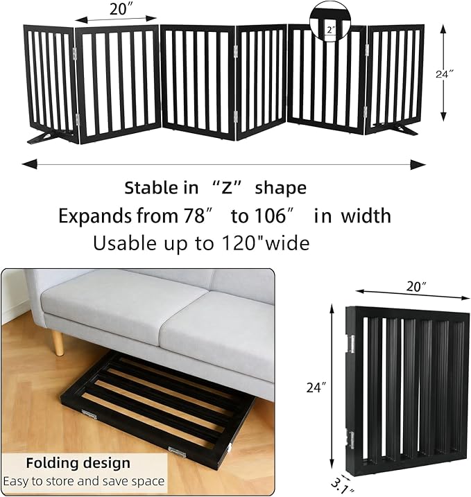 ZJSF Freestanding Indoor Dog Gate for House Foldable Wood Puppy Gate for Doorways Pet Gate for Stairs Extra Wide Pet Fence, Black, 24" Height 6 Panels