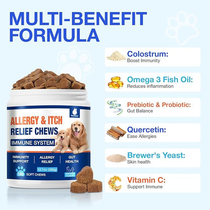 180 Chews Dog Allergy Chews, Itching Skin Relief, Natural Dog Allergy Relief Treatment for Paw Licking, Hot Spots, Anti-Itch, Dry Skin, Allergies & Immune Support Supplement