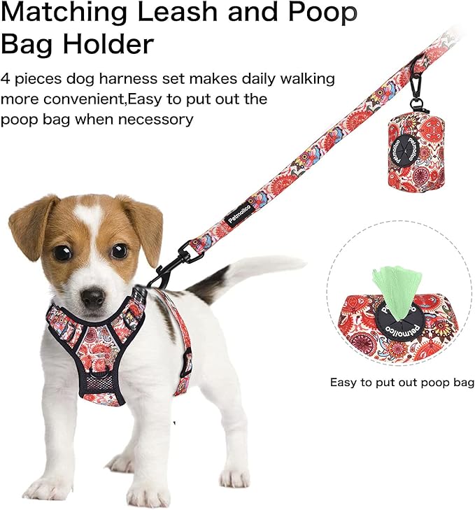 Petmolico No Pull Dog Harness Set with Leash Attachment Easy Control Handle Reflective Harness Vest Small Breed, Puppy Vest and Leash Set with Poop Bag Holder, Medium - Boho Floral