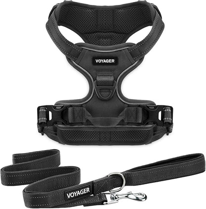 Voyager Dog Harness Dual Leash Attachment No-Pull Control Adjustable Soft but Strong Pet Harness for Medium and Large Dogs with 3M Reflective Technology, Leash Set Black Nylon, S (Chest: 16-20")