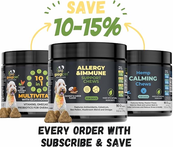Googipet Dog Allergy Chews, Seasonal Dog Allergy Relief & Itchy Skin Relief, Skin & Coat Supplement Colostrum, Coconut Oil, Omega 3 Fish Oil, & Bee Pollen for Dogs Itch Relief (Peanut Butter Flavor)