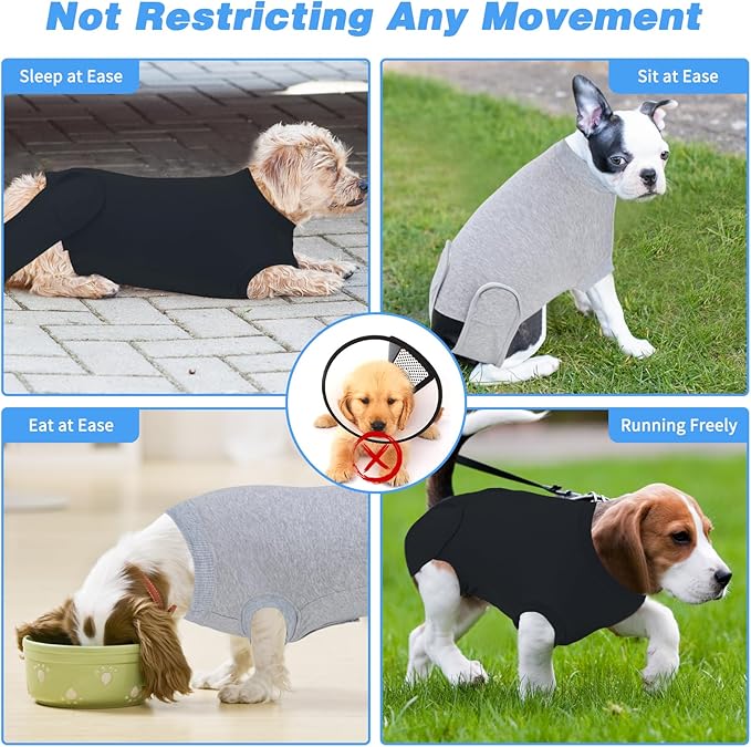 2 Packs Breathable Cotton Dog Recovery Suit for After Neuter Spay Abdominal Wounds Protector, Professional Anti-Licking Onesies for Male Female Pets Surgery Bandages, 2XL Black Grey Pure
