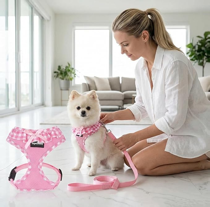 SuperBuddy Upgraded Soft Mesh Dog Harness, Super Breathable Lightweight Pet Harnesses for Puppy Dogs Outdoor Walking, Pink Dog Harness and Dog Leash Set Packing -Medium