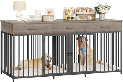 HOSTACK Double Dog Crates Furniture, 71" Wide Indoor Dog Kennel with 3 Drawers, Farmhouse Dog Cage for 2 Large/Medium Dogs, Heavy Duty Dog Crate with Removable Divider, Wooden Pet House, Ash Grey