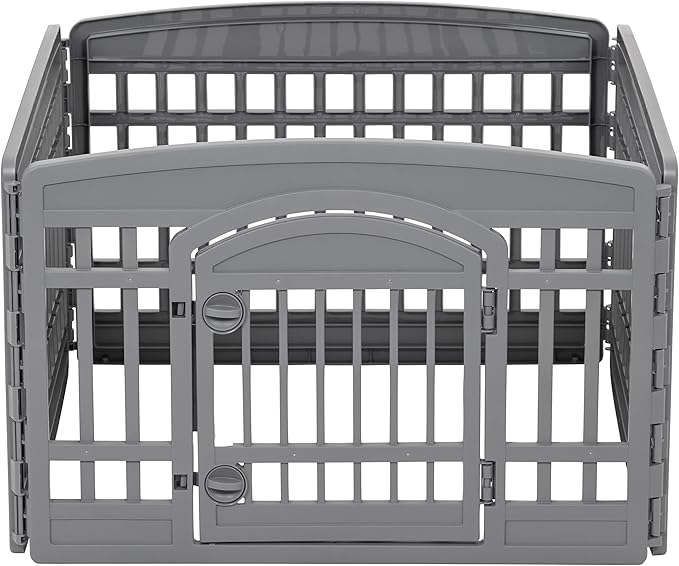 IRIS USA 24" Dog Playpen 4-Panel Pet Exercise Pen with Door Gate 35 x 35 x 24 Puppy Play Pen Indoor Outdoor Plastic Foldable Portable Pet Fence for Small Medium Dogs Puppies Multiple Pets Gray