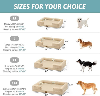 Cooling Dog Bed for Large Medium Size Dogs, Q-Max >0.4 Summer Cool Orthopedic Foam Pet Sofa Bed with Sides, Bolster Anti-Slip Couch with Washable Removable Cover, L 36x27x6.5 inch, Beige