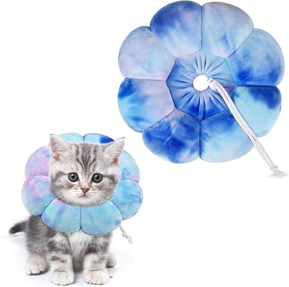 Flower Cat Cone, Uadonile Adjustable Cat Cone Collar, Soft Dog Elizabethan Collar Recovery E Collar After Surgery, Recovery E-Collar for Kittens/Puppies and Cats Recovery(Tie-dye Purple Blue, S)