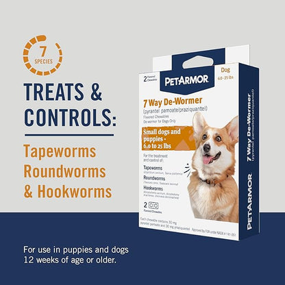 PetArmor 7 Way De-Wormer for Dogs, Oral Treatment of Tapeworm, Roundworm & Hookworm, Dewormer for Puppies & Small Dogs (6-25 lbs), Worm Remover (Praziquantel & Pyrantel Pamoate), 2 Flavored Chewables
