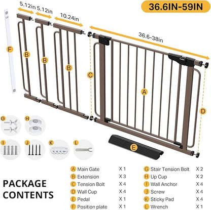 Cumbor 36.6-59" Extra Wide Baby Gate for Stairs, Pressure Mounted Dog Gate for Doorways, Auto-Close Easy Walk Through Safety Child Gate for Kids Toddler, Tall Pet Gates Indoor, Brown