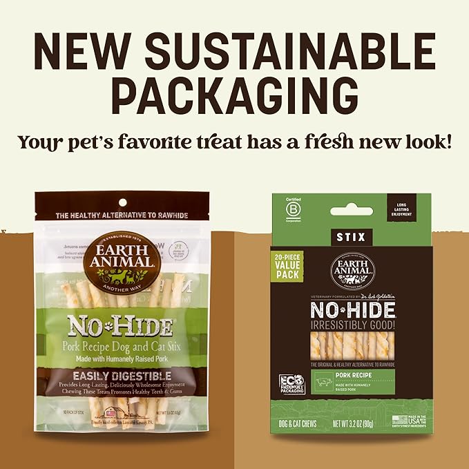 Earth Animal No Hide Stix - Long Lasting Rawhide Free Small Dog Chews Sticks, Pork - 20 Count Value Pack