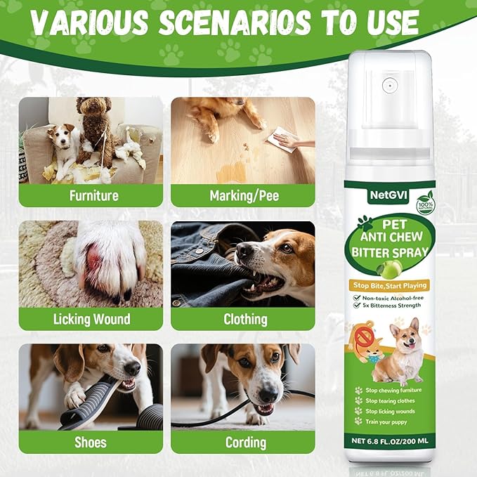 No Chew Spray for Dogs, Bitter Apple Spray for Dogs Cats Anti Chewing Licking from Furniture, Shoes, Bandages, Dog Training & Behavior Aids Spray, 200ML, Indoor & Outdoor Use