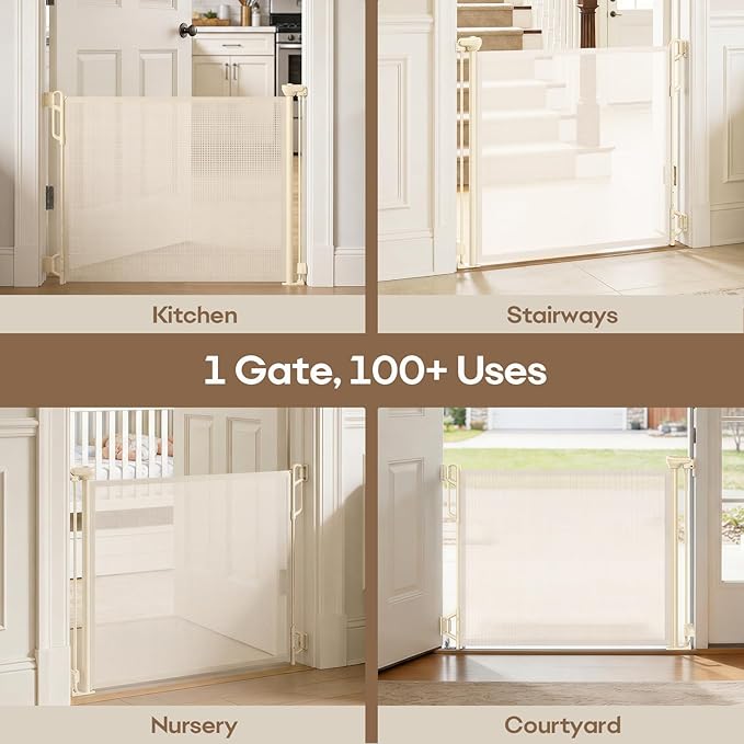 SPACEANY Retractable Safety Baby Gate or Mesh Dog Gate,Durable Portable Mesh Retractable Gate,Easy to Use for Stairs, Doorways, Hallways, Indoor, Outdoor, 33.5" Tall, Up to 55" Wide, Cream