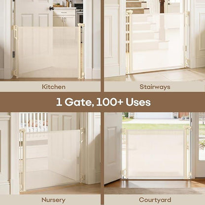 SPACEANY Retractable Safety Baby Gate or Mesh Dog Gate,Durable Portable Mesh Retractable Gate,Easy to Use for Stairs, Doorways, Hallways, Indoor, Outdoor, 33.5" Tall, Up to 55" Wide, Cream