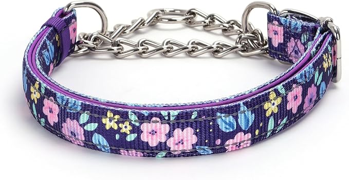 Chain Martingale Collar for Dogs,No Pull Slip Cinch Choker Choke Collar Training Escape Proof Heavy Duty Stainless Dog Collar for Small Medium Large Pet Boy Male Dogs，Purple Flower M