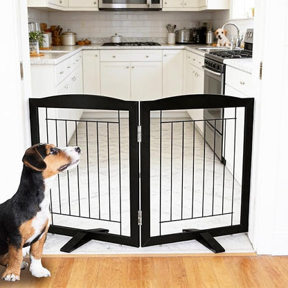 ZJSF Freestanding Dog Fence Indoor, Foldable Dog Gate for Doorways, Stairs or Hallways, Sturdy Wood Extra Wide Pet Gate with Support Feet for The House, Black, 24 "Height-2 Panels